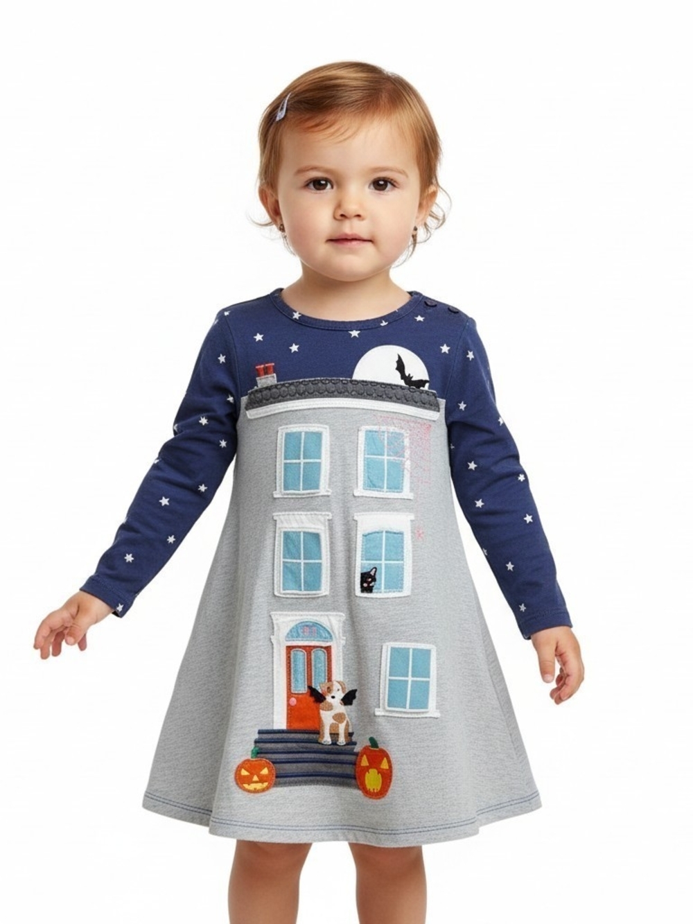 Mini Boden Halloween Haunted House Applique Dress With Open Flap Windows Pockets